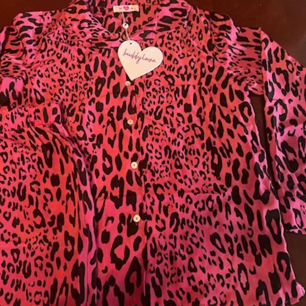 BuddyLove Women's Pajama Set Pink Leopard Print Button-Up Shirt Pants & Sleep Ma